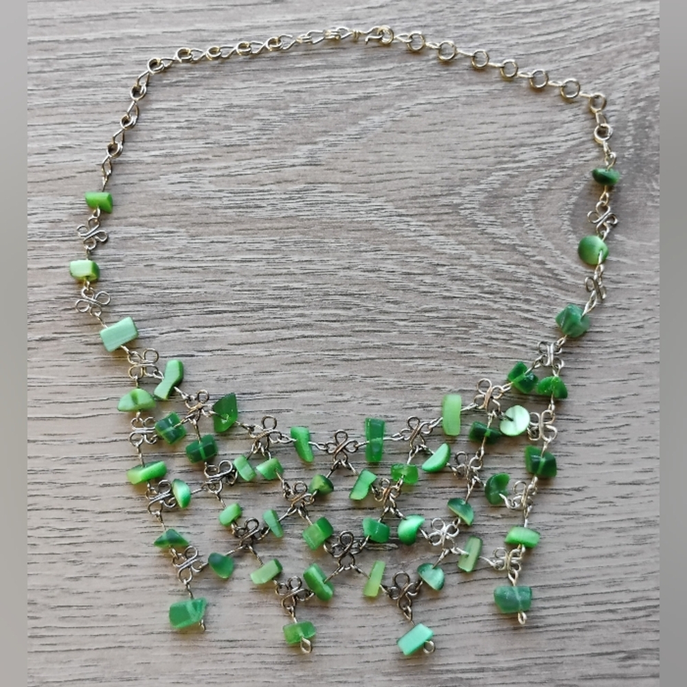 Vintage Green Agate Sterling Silver Necklace Choker Style 15" Dangles